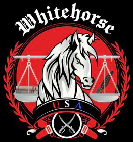 Emblem with a white horse, wheat laurels, scales of justice, and crossed sabers with the text "whitehorse usa.